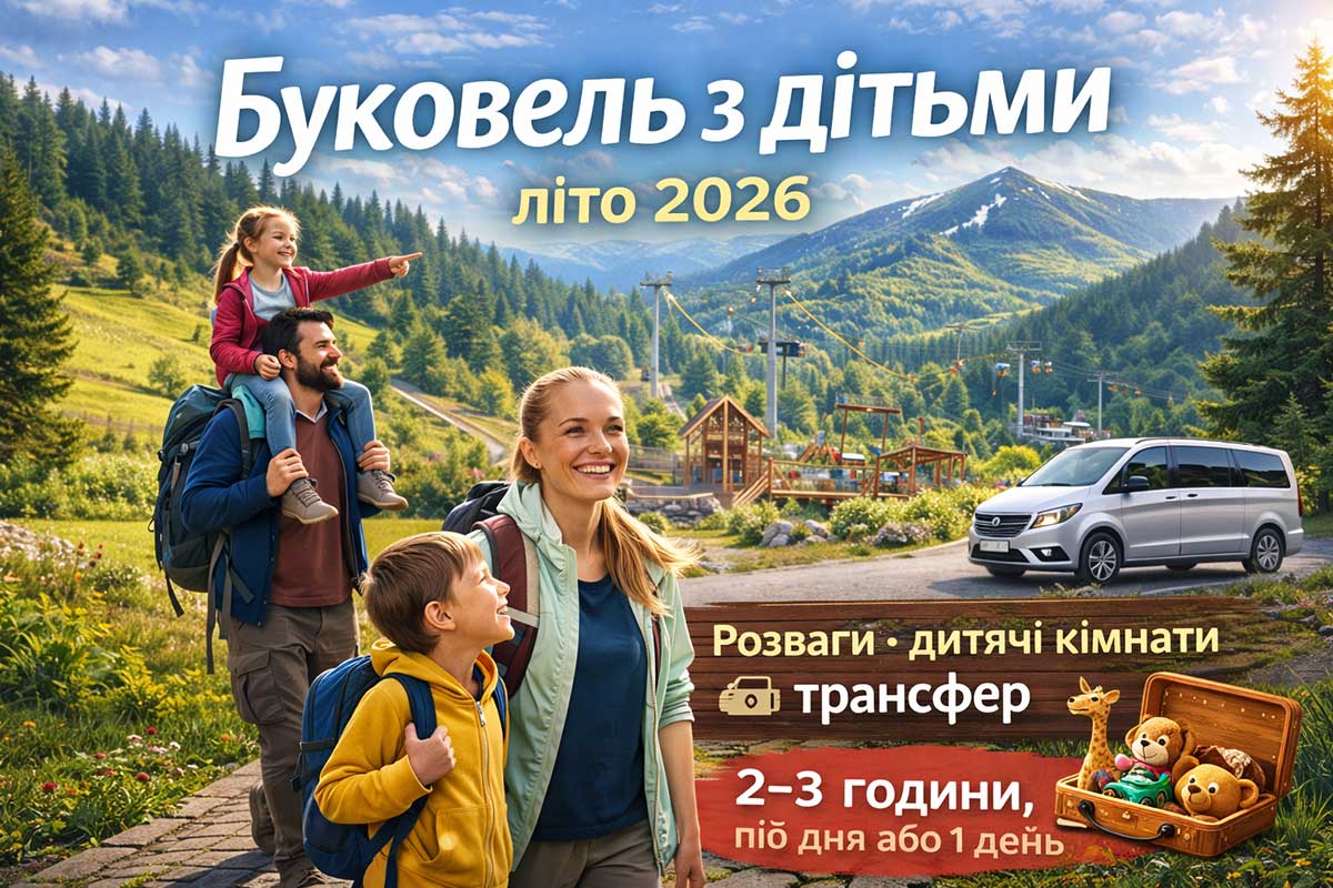 Буковель з дітьми влітку 2026: сім’я на фоні Карпат, канатної дороги та дитячих розваг, трансфер для сімейного відпочинку