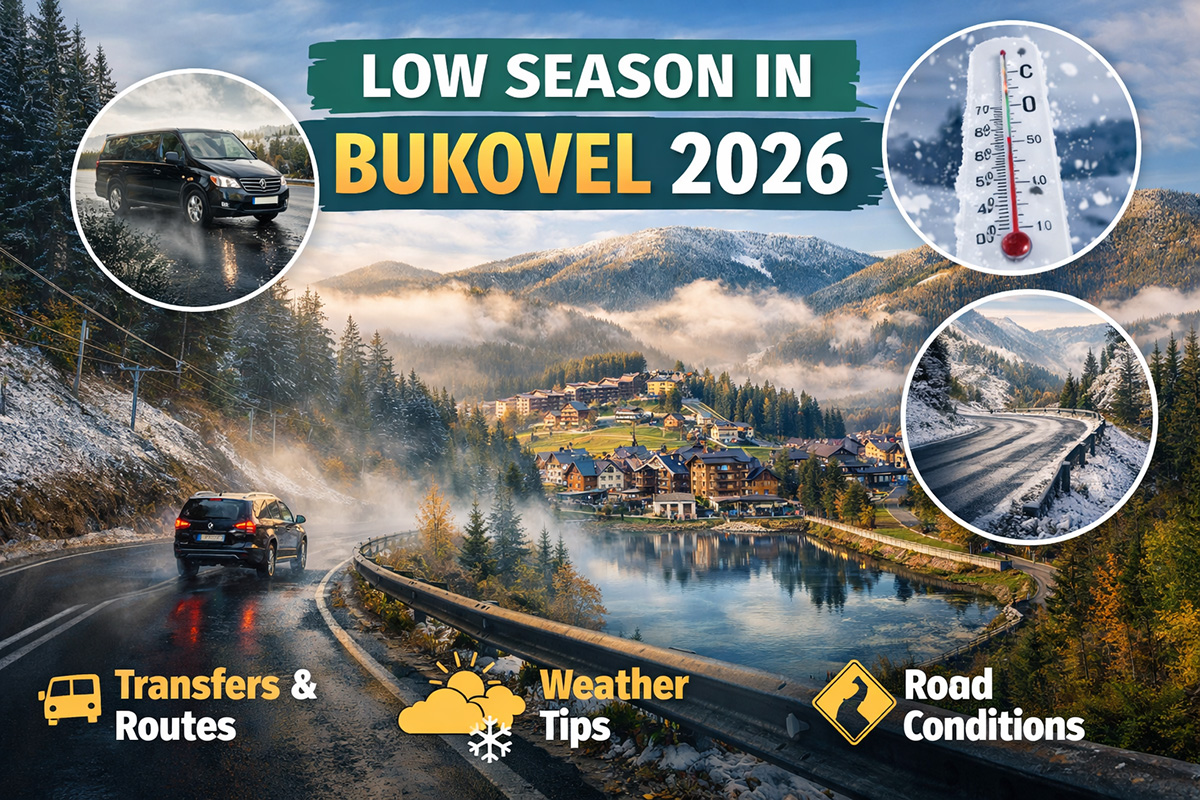 Low season in Bukovel 2026: mountain road to the resort, transfer van, weather and road conditions