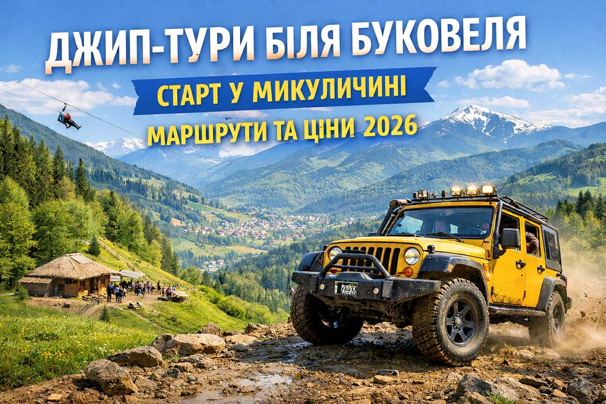 Джип-тури біля Буковеля: позашляховик 4x4 на гірській дорозі в Карпатах, старт у Микуличині, панорамні краєвиди