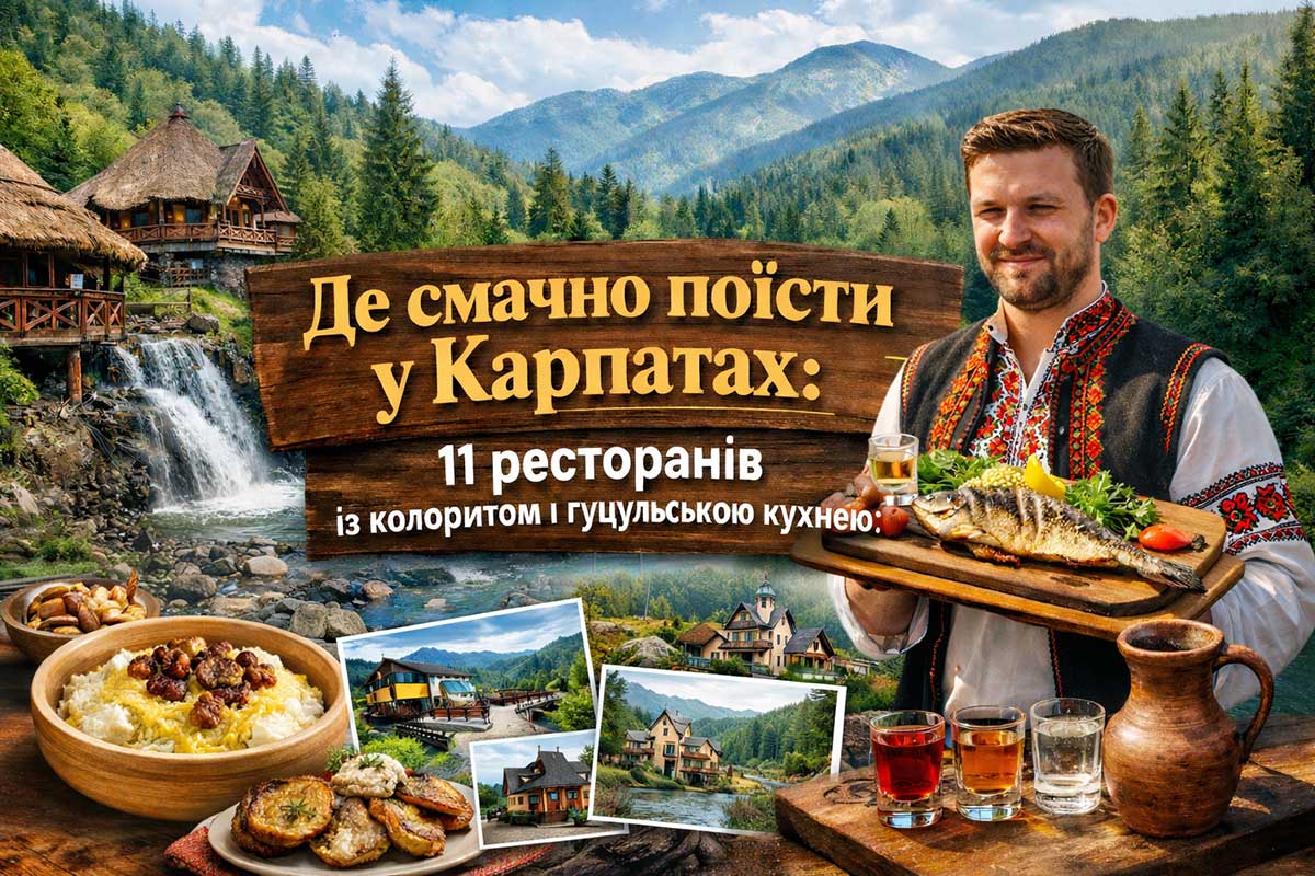 Де смачно поїсти у Карпатах — гуцульські страви на столі, форель і краєвид гір біля Буковеля