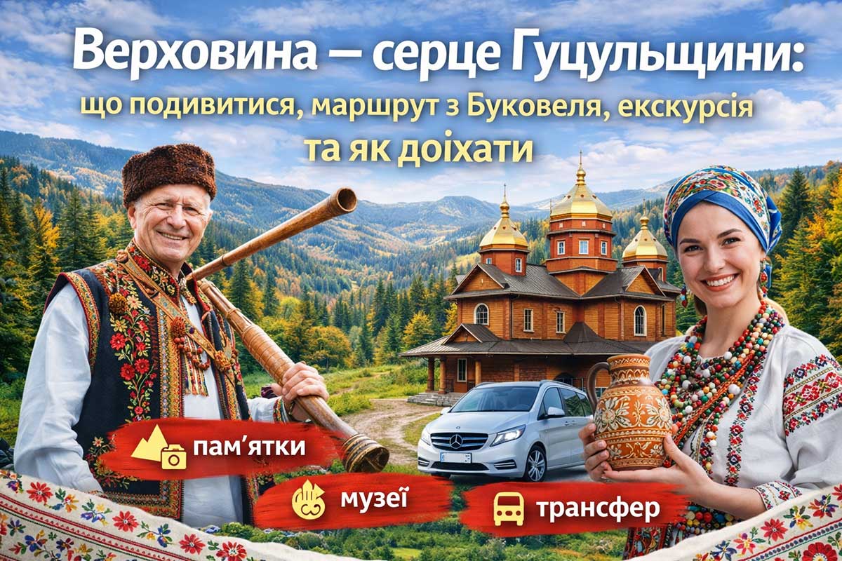Верховина — серце Гуцульщини, гуцул з трембітою, дерев’яна церква та Карпати, екскурсія з Буковеля і трансфер