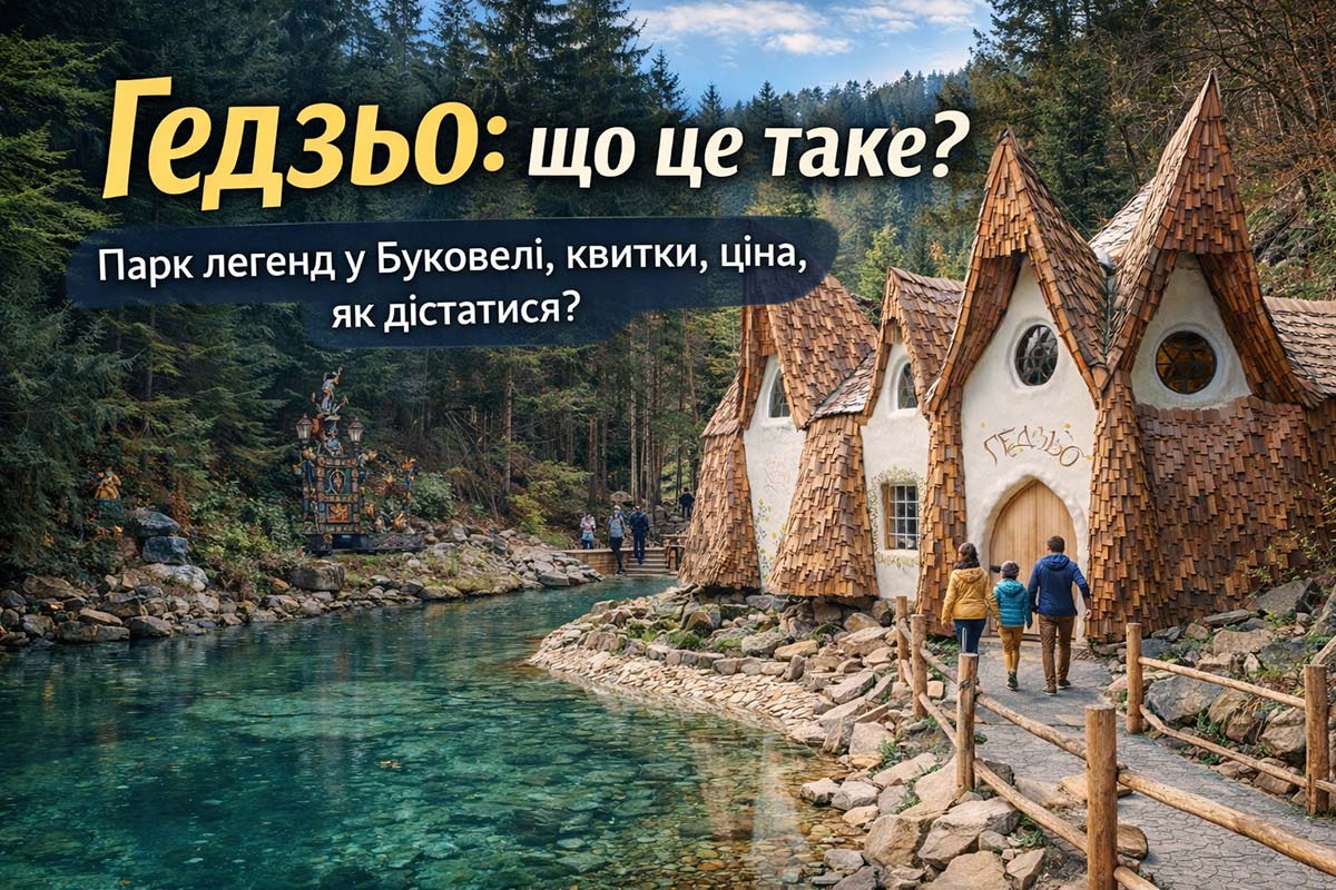 Парк легенд у Буковелі: казкові будиночки біля бірюзового ставка та прогулянкова доріжка